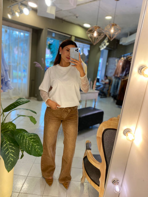 Jean café doble botón