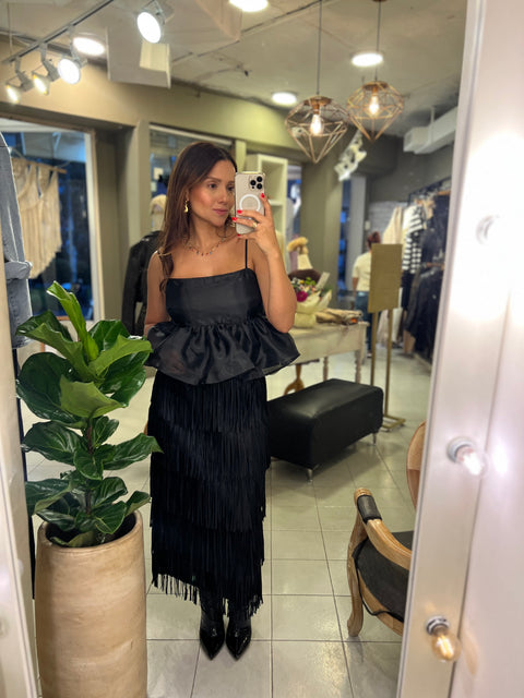 Falda Midi Flecos Negra